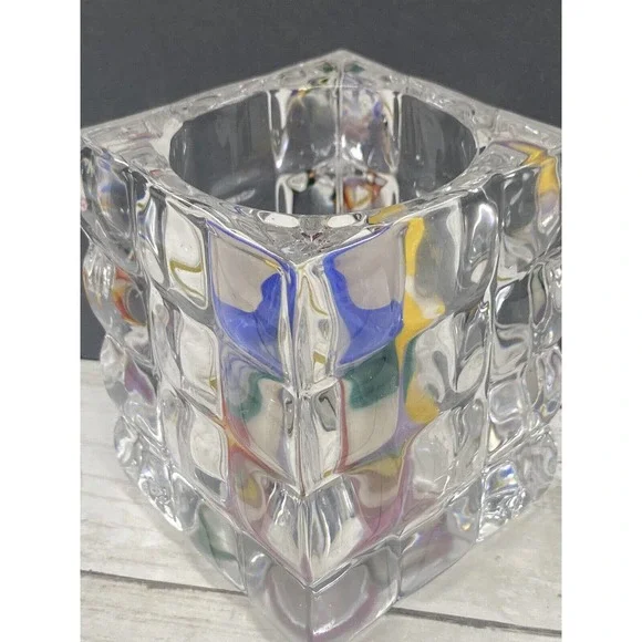 Square Cut Bubble Glass Votive Crystal Candle Holder With Colorful Swirl Candle - Picture 10 of 11